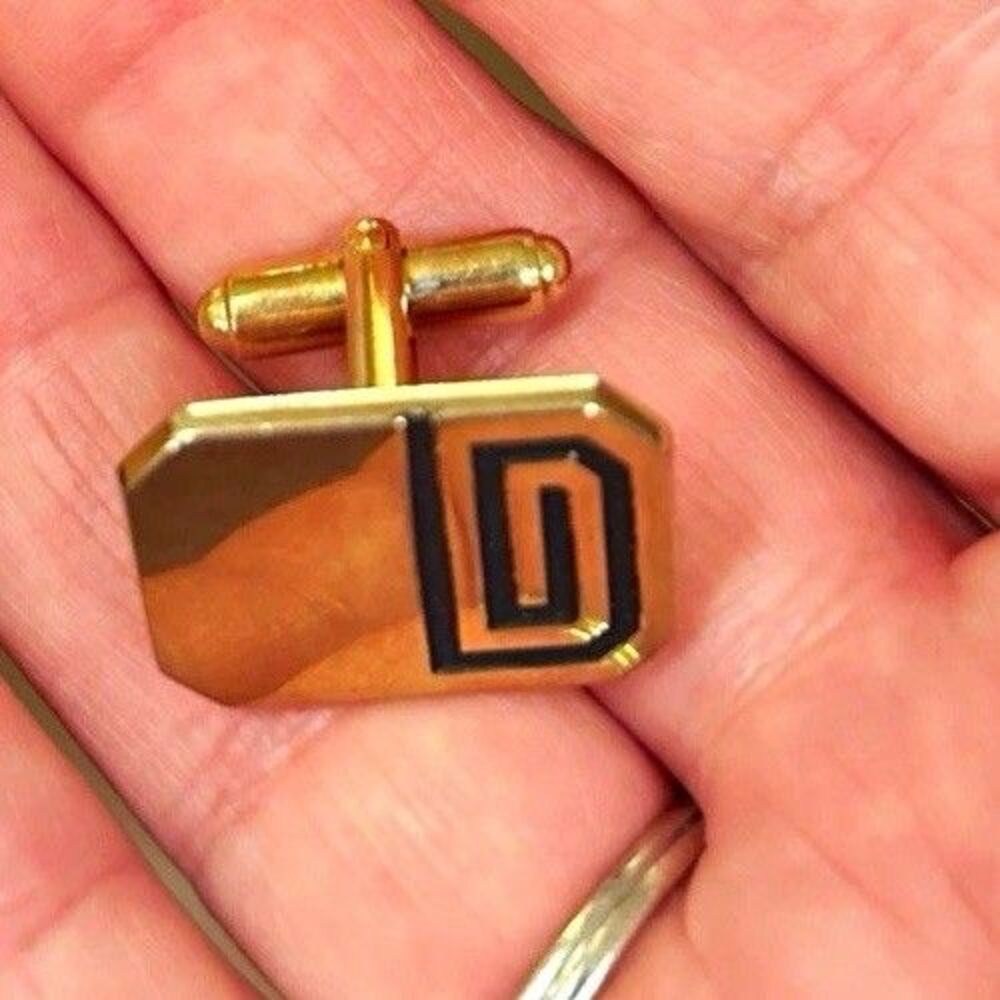 Gold Tone Black Enamel Rectangle Bullet Back Men's Cufflinks Pair